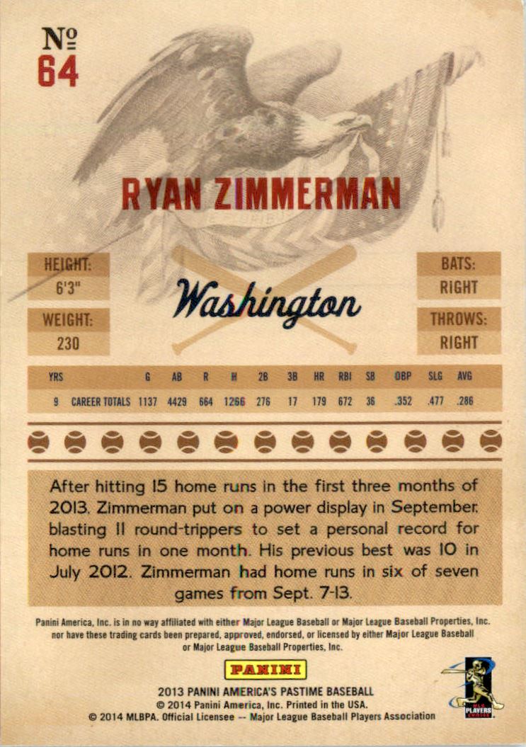 2013 Panini America's Pastime Gold #64 Ryan Zimmerman back image