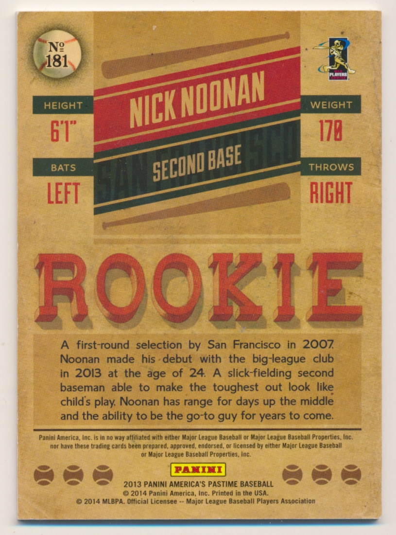 2013 Panini America's Pastime Gold #181 Nick Noonan back image