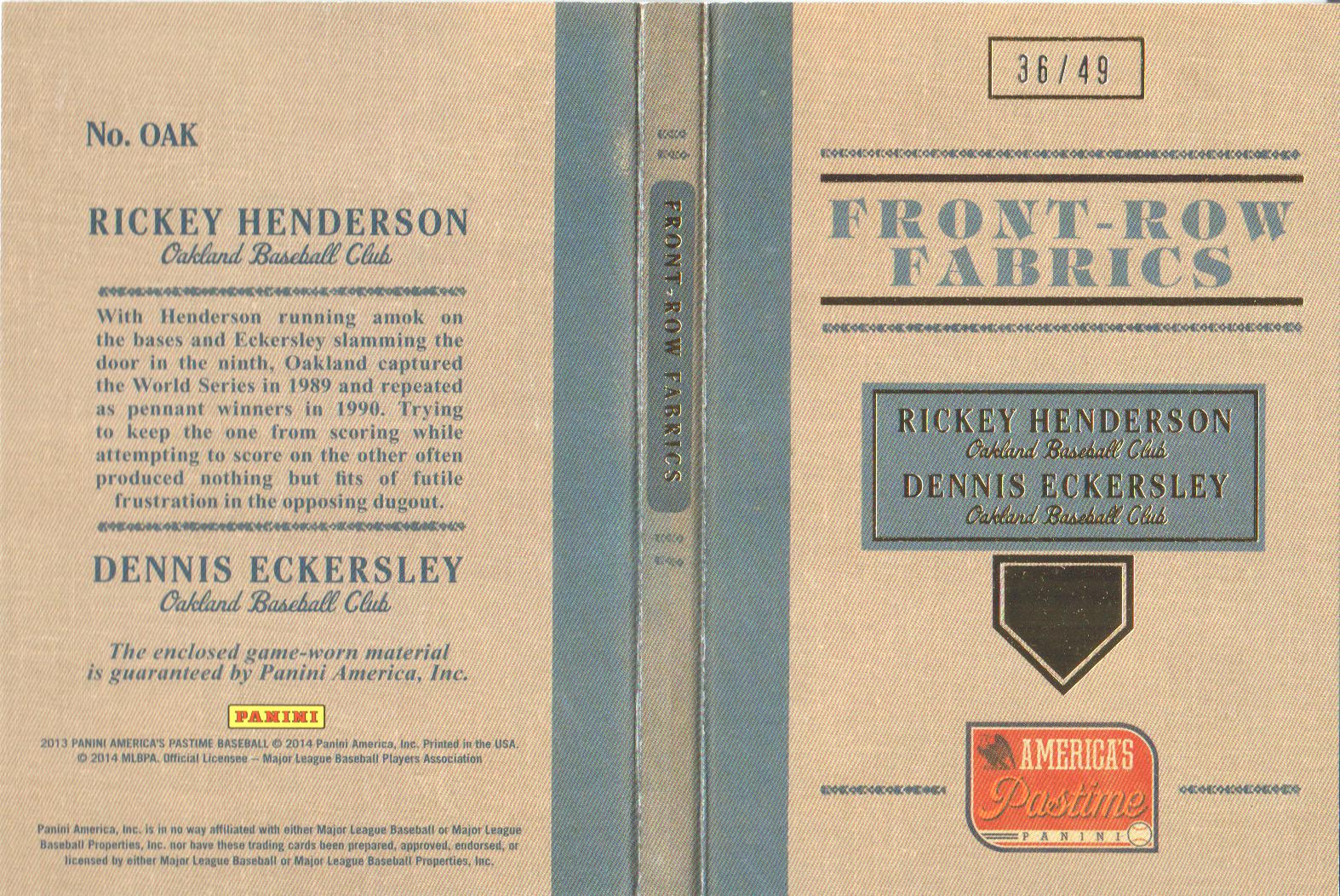 2013 Panini America's Pastime Front Row Fabrics Booklets Gold #3 Rickey Henderson/Dennis Eckersley/49 back image
