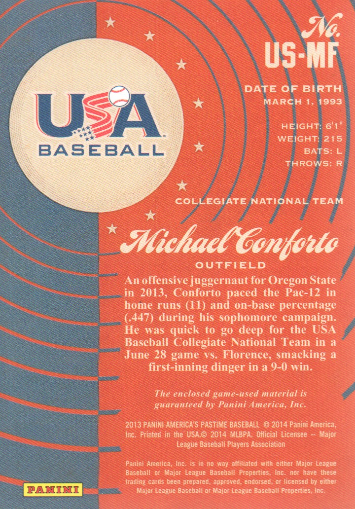 2013 Panini America's Pastime USA Baseball Jerseys #7 Michael Conforto back image