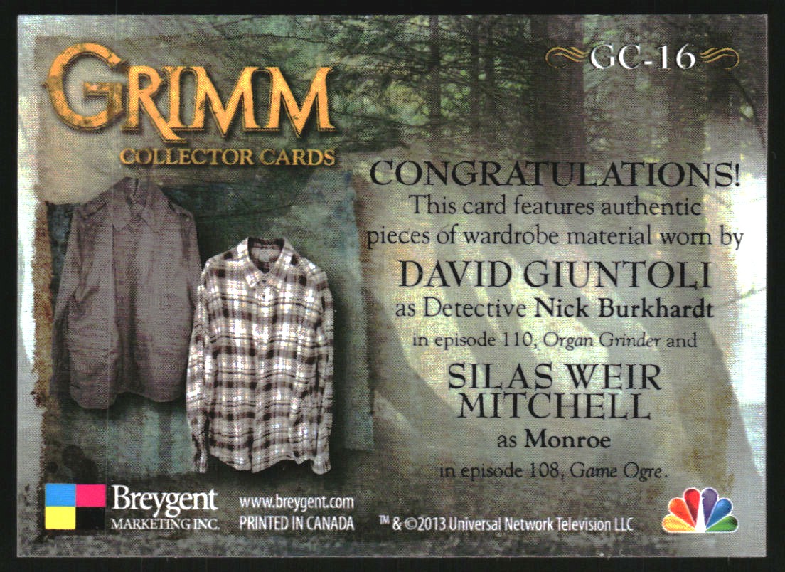 2013 Breygent Grimm Costumes #GC16 Nick Burnhardt shirt/Monroe shirt back image