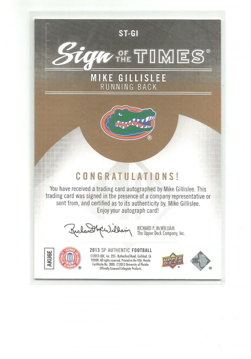 2013 SP Authentic Sign of the Times #STGI Mike Gillislee D back image