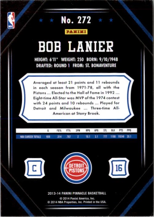 2013-14 Pinnacle Artist's Proofs Blue #272 Bob Lanier back image