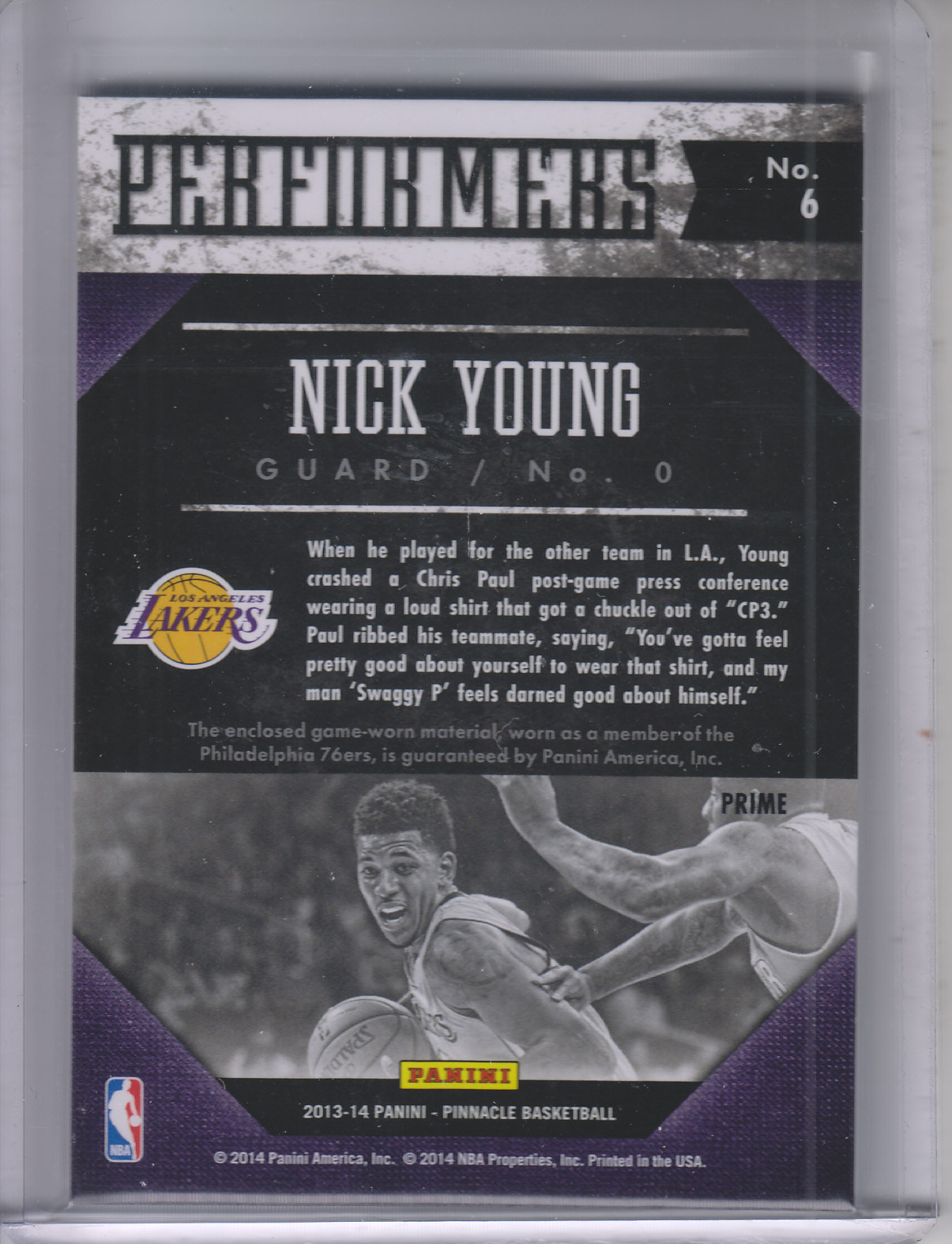 2013-14 Pinnacle Performers Jerseys Prime #6 Nick Young/20 back image