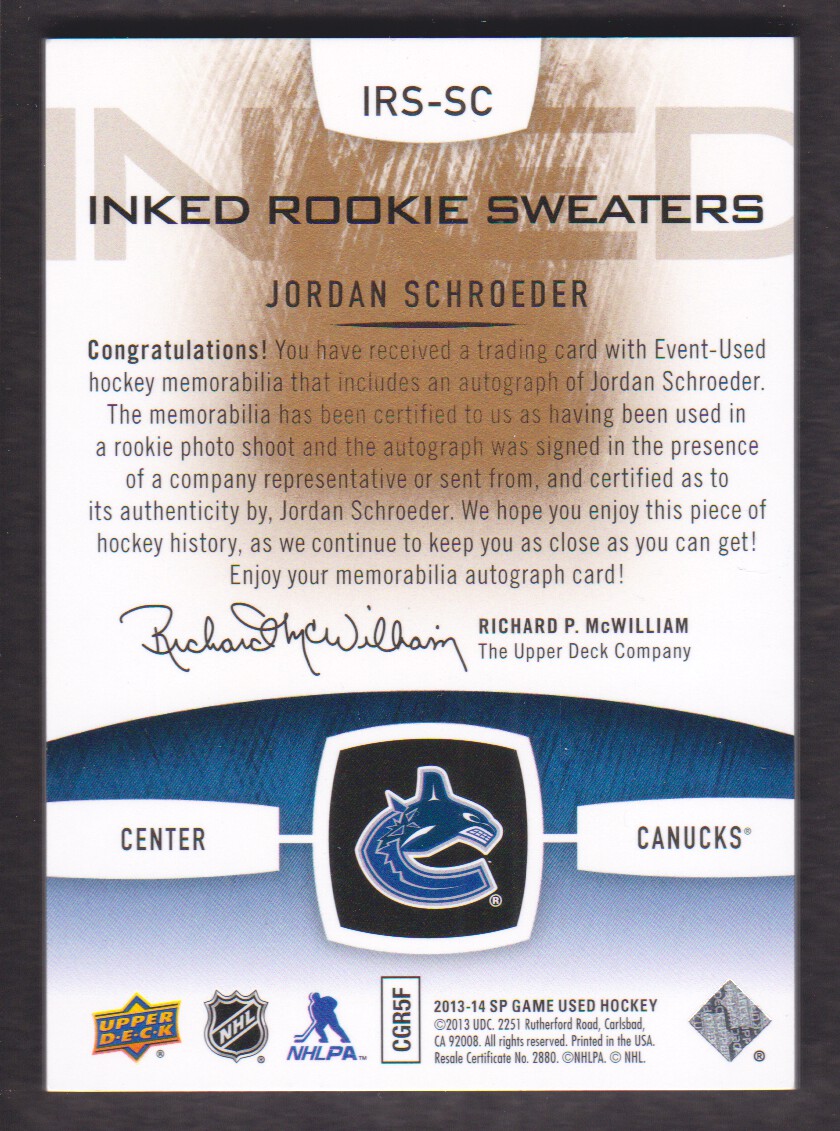 2013-14 SP Game Used Inked Rookie Sweaters Patches #IRSSC Jordan Schroeder back image