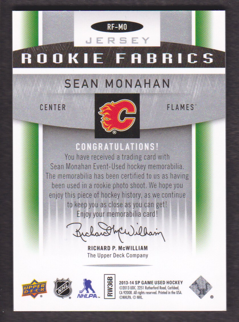 2013-14 SP Game Used Rookie Fabrics #RFMO Sean Monahan B back image