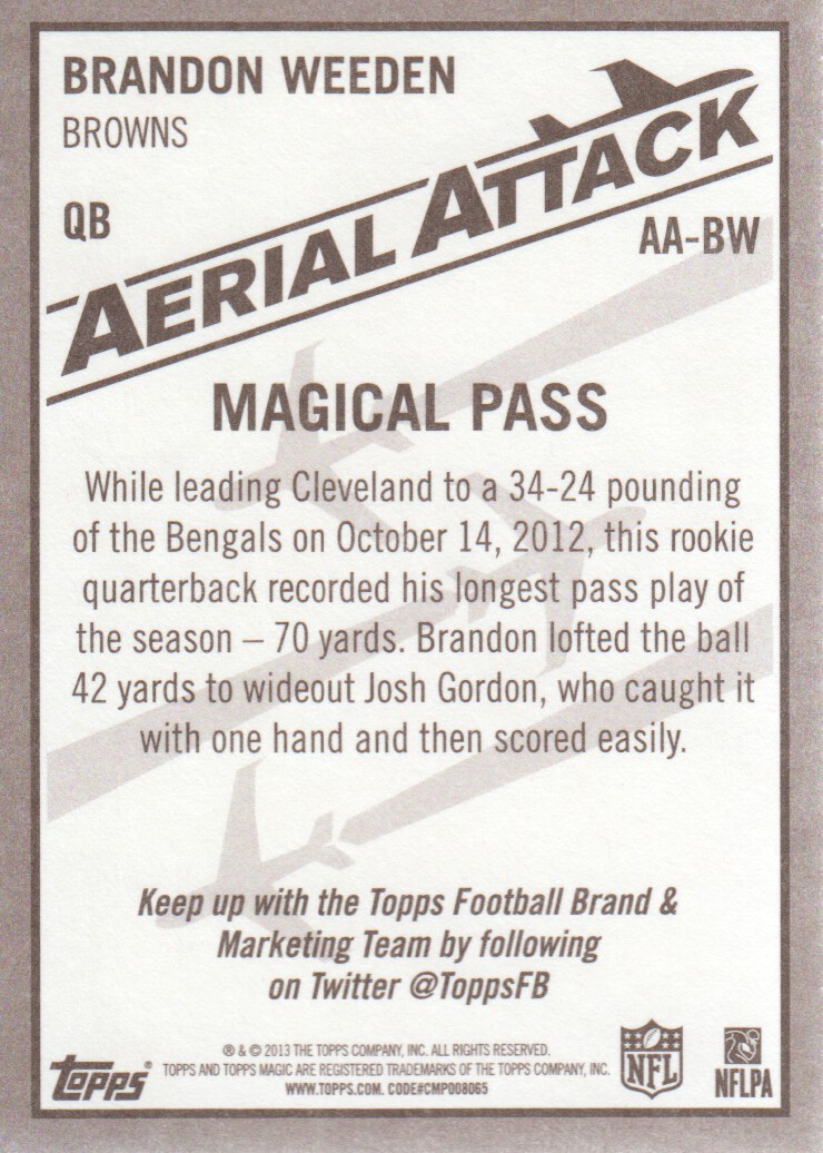 2013 Topps Magic Aerial Attack #AABW Brandon Weeden back image