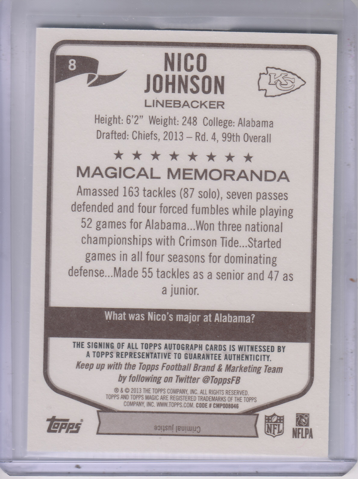 2013 Topps Magic Autographs #8 Nico Johnson back image