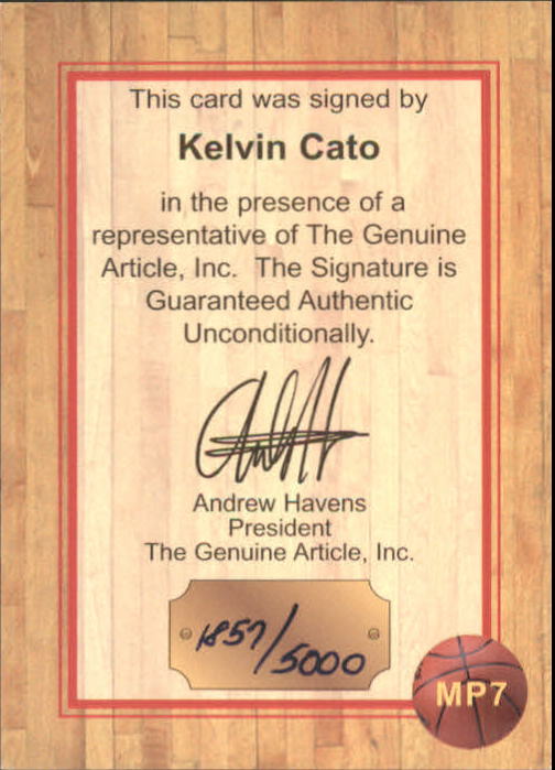 1997 Genuine Article Charlotte Series Autographs #MP7 Kelvin Cato/5000 back image