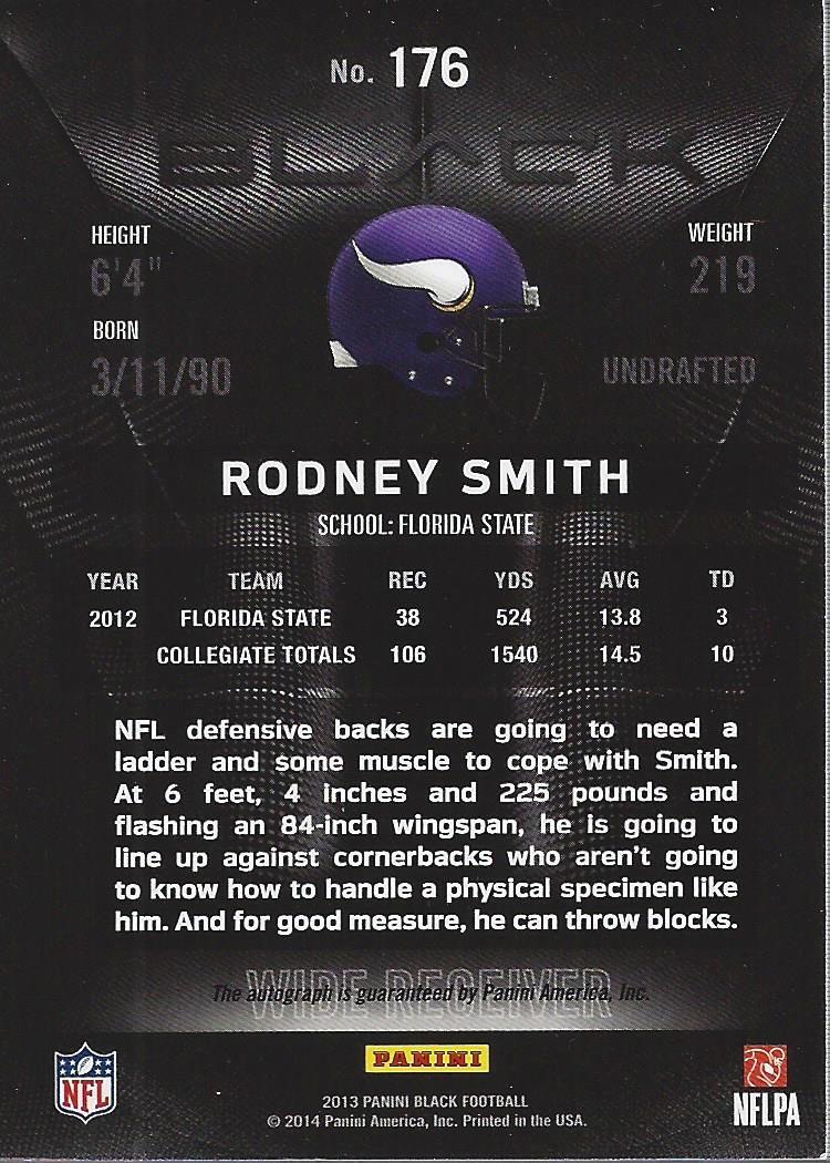 2013 Panini Black Rookie Signatures #176 Rodney Smith/199 back image