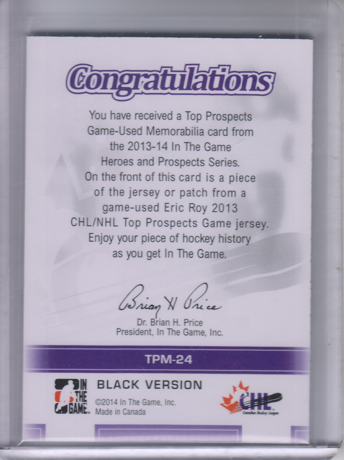 2013-14 ITG Heroes and Prospects Top Prospects Jersey #TPM24 Eric Roy back image