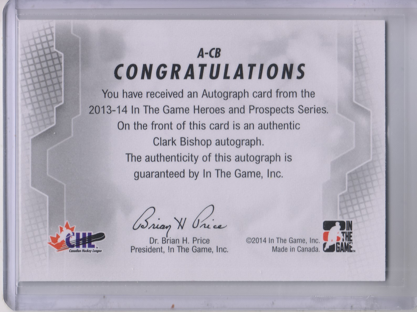 2013-14 ITG Heroes and Prospects Autographs #ACB Clark Bishop back image
