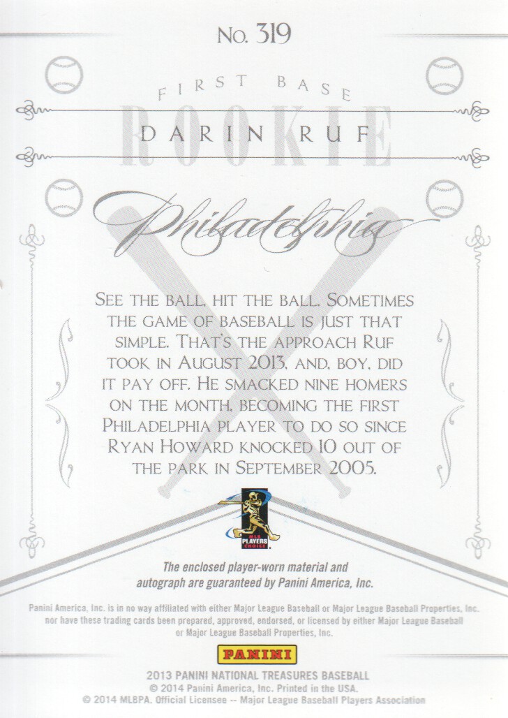 2013 Panini America's Pastime National Treasures Rookies Gold #319 Darin Ruf AU back image