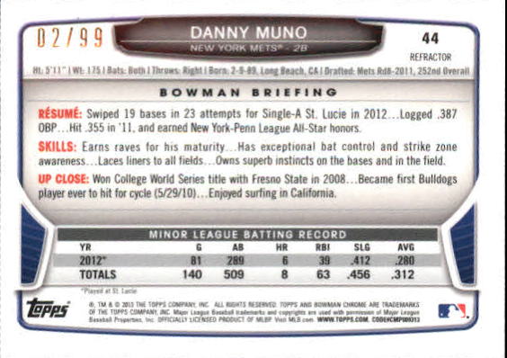 2013 Bowman Chrome Mini Blue Refractors #44 Danny Muno back image