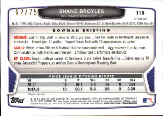 2013 Bowman Chrome Mini Green Refractors #118 Shane Broyles back image