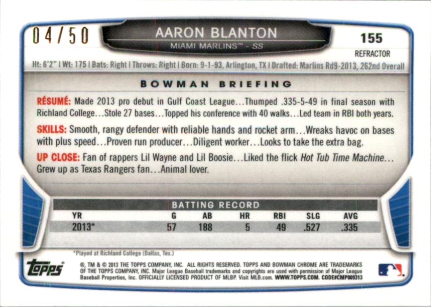 2013 Bowman Chrome Mini Gold Refractors #155 Aaron Blanton