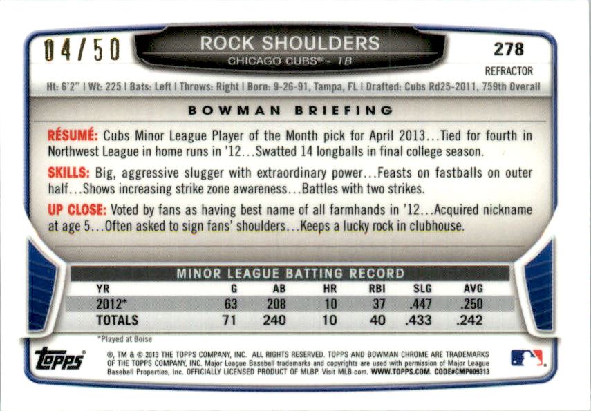 2013 Bowman Chrome Mini Gold Refractors #278 Rock Shoulders back image