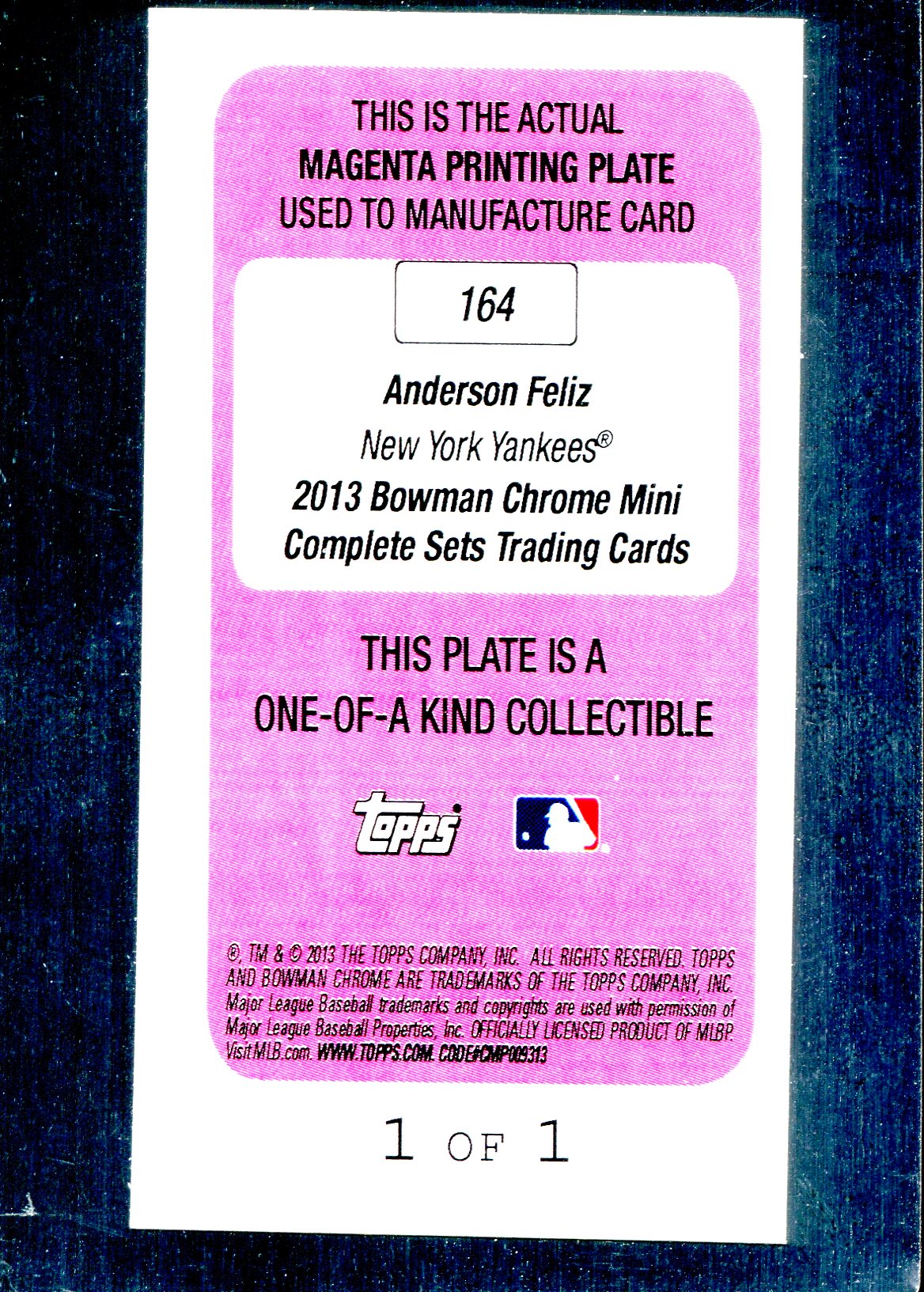 2013 Bowman Chrome Mini Printing Plates Magenta #164 Anderson Feliz back image