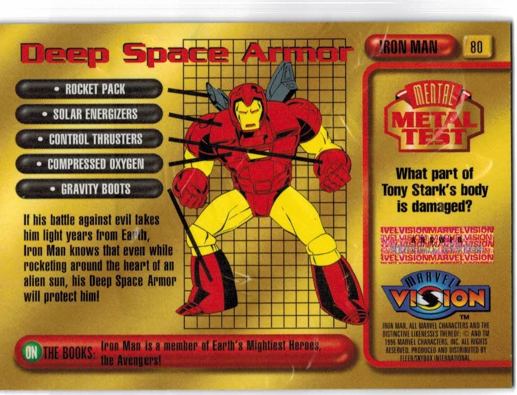 1996 Fleer SkyBox Marvel Vision #80 Iron Man Deep Space Armor back image