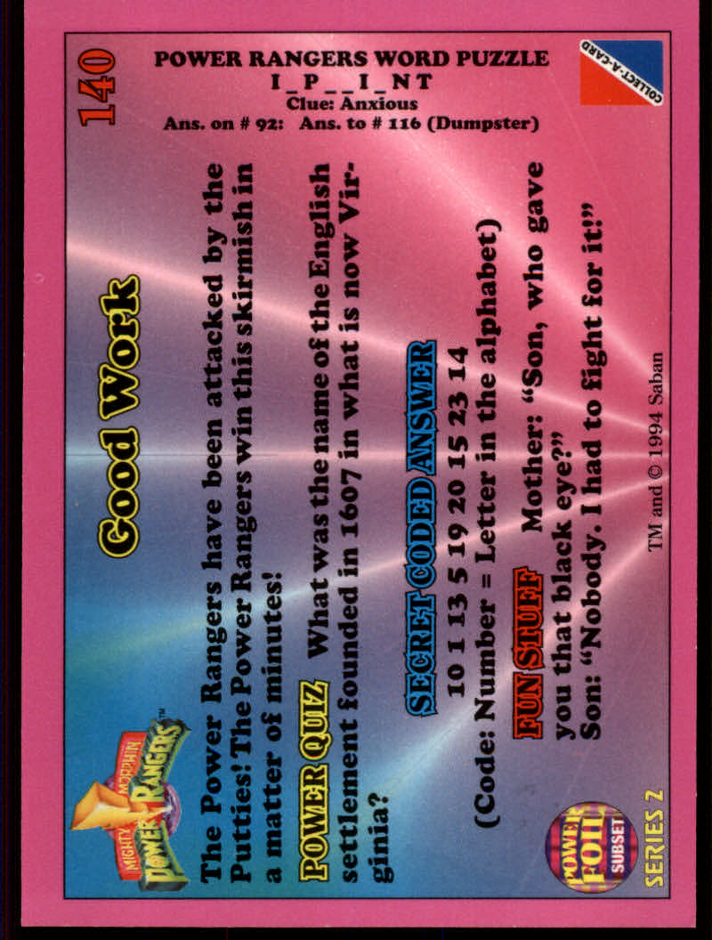 Power Rangers Series Two (1994 Collect-A-Card) "Foil" Parallel Cards - Picture 131 of 139