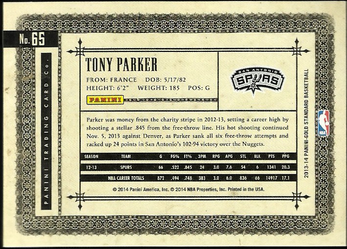2013-14 Panini Gold Standard #65 Tony Parker back image