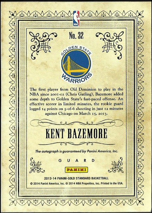 2013-14 Panini Gold Standard Gold Strike Signatures #32 Kent Bazemore/299 back image