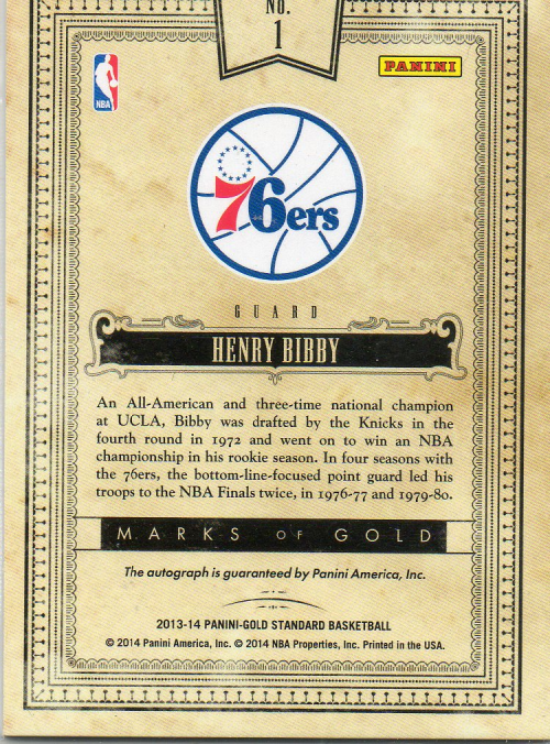2013-14 Panini Gold Standard Marks of Gold #1 Henry Bibby/49 back image
