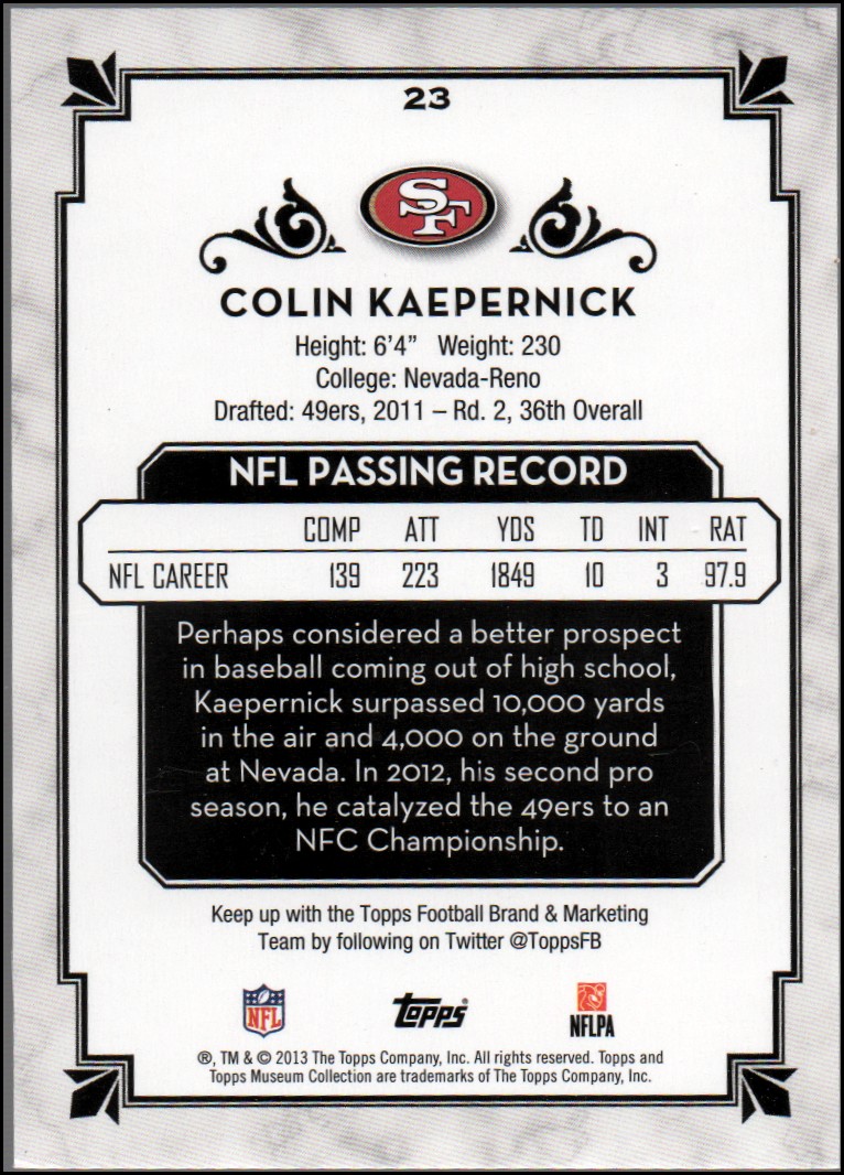 2013 Topps Museum Collection #23 Colin Kaepernick back image