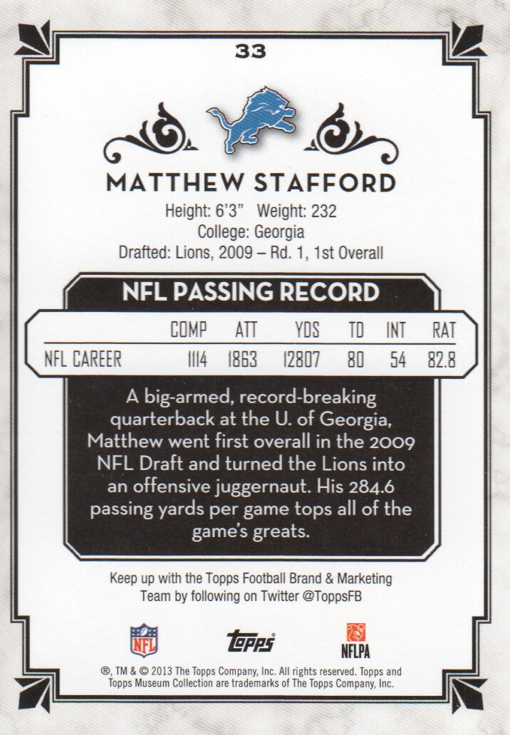 2013 Topps Museum Collection Copper #33 Matthew Stafford back image