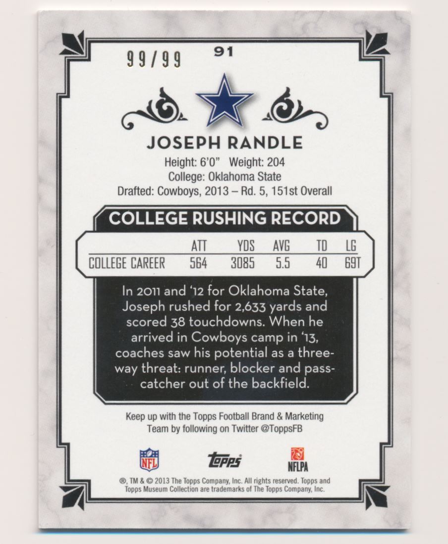 2013 Topps Museum Collection Sapphire #91 Joseph Randle back image