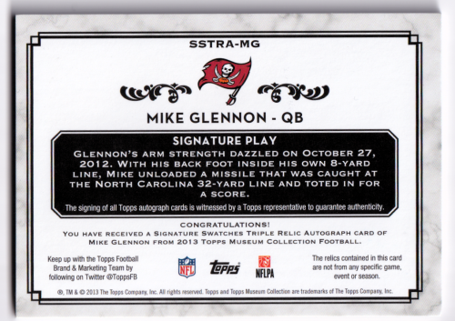 2013 Topps Museum Collection Signature Swatches Triple Relic Autographs #SSTRAMG Mike Glennon/69 back image