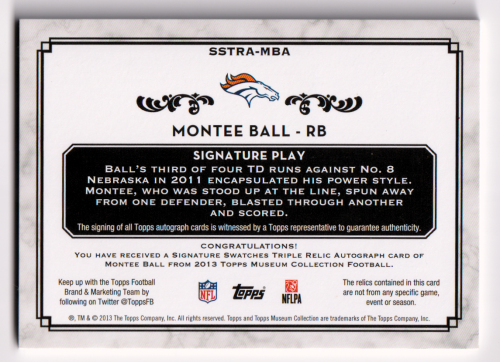 2013 Topps Museum Collection Signature Swatches Triple Relic Autographs Gold #SSTRAMBA Montee Ball back image
