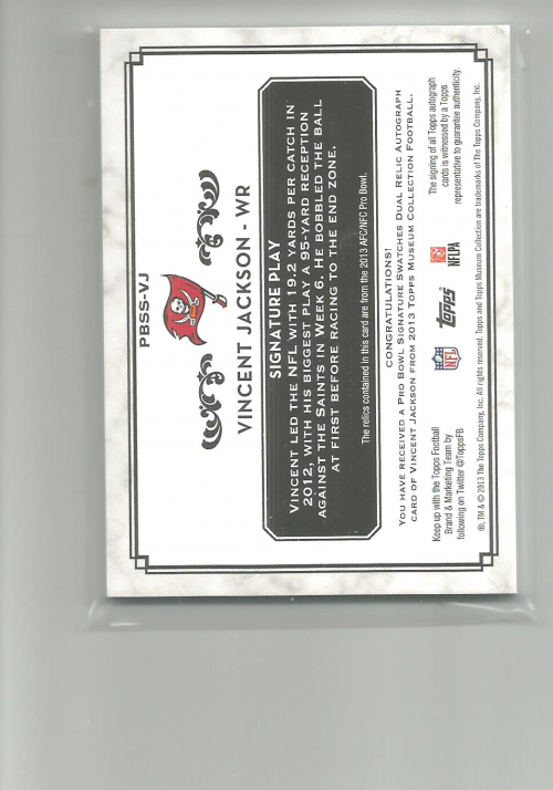 2013 Topps Museum Collection Pro Bowl Signature Swatches Dual Relic Autographs #PBSSVJ Vincent Jackson back image