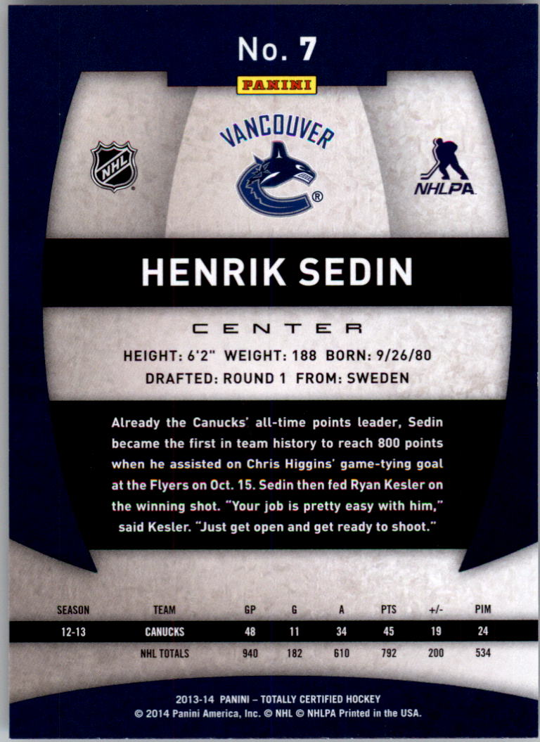 2013-14 Totally Certified #7 Henrik Sedin back image