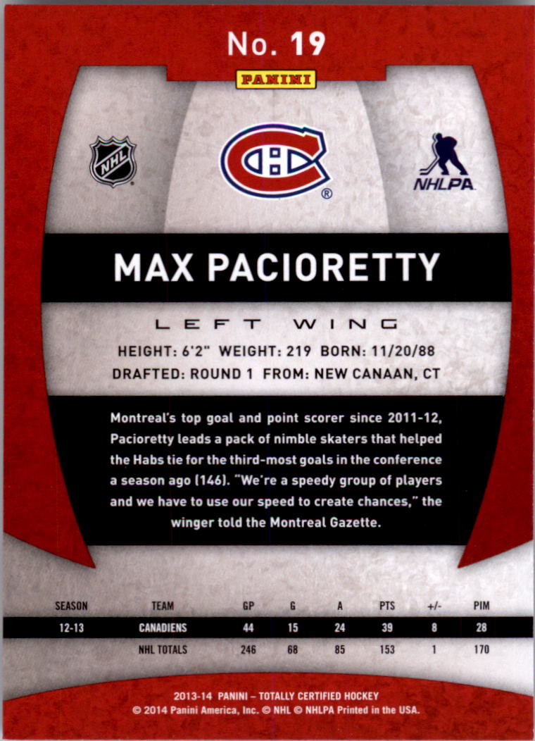 2013-14 Totally Certified #19 Max Pacioretty back image