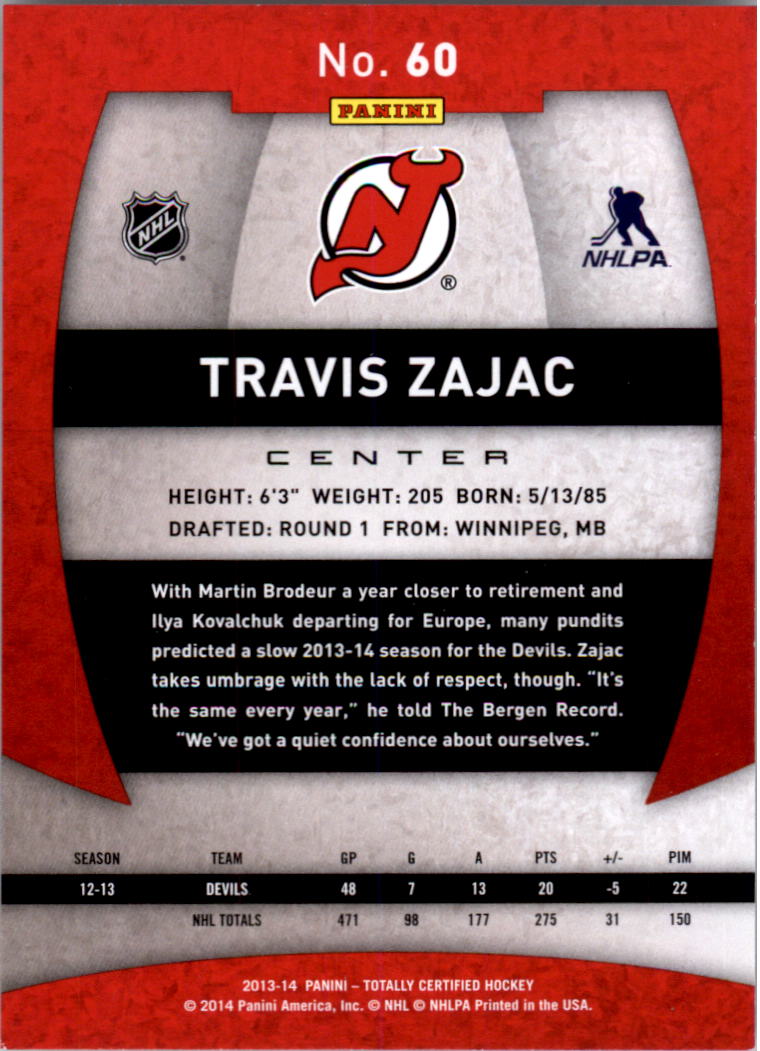 2013-14 Totally Certified #60 Travis Zajac back image