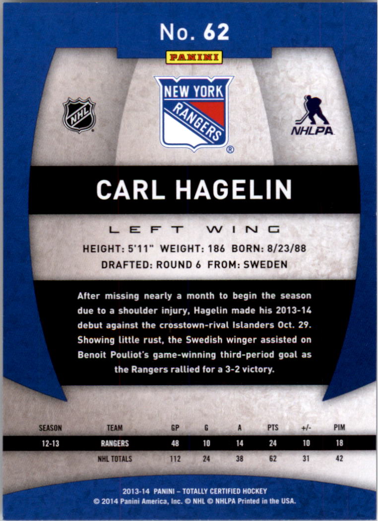 2013-14 Totally Certified #62 Carl Hagelin back image