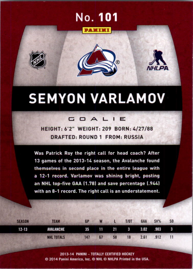 2013-14 Totally Certified #101 Semyon Varlamov back image