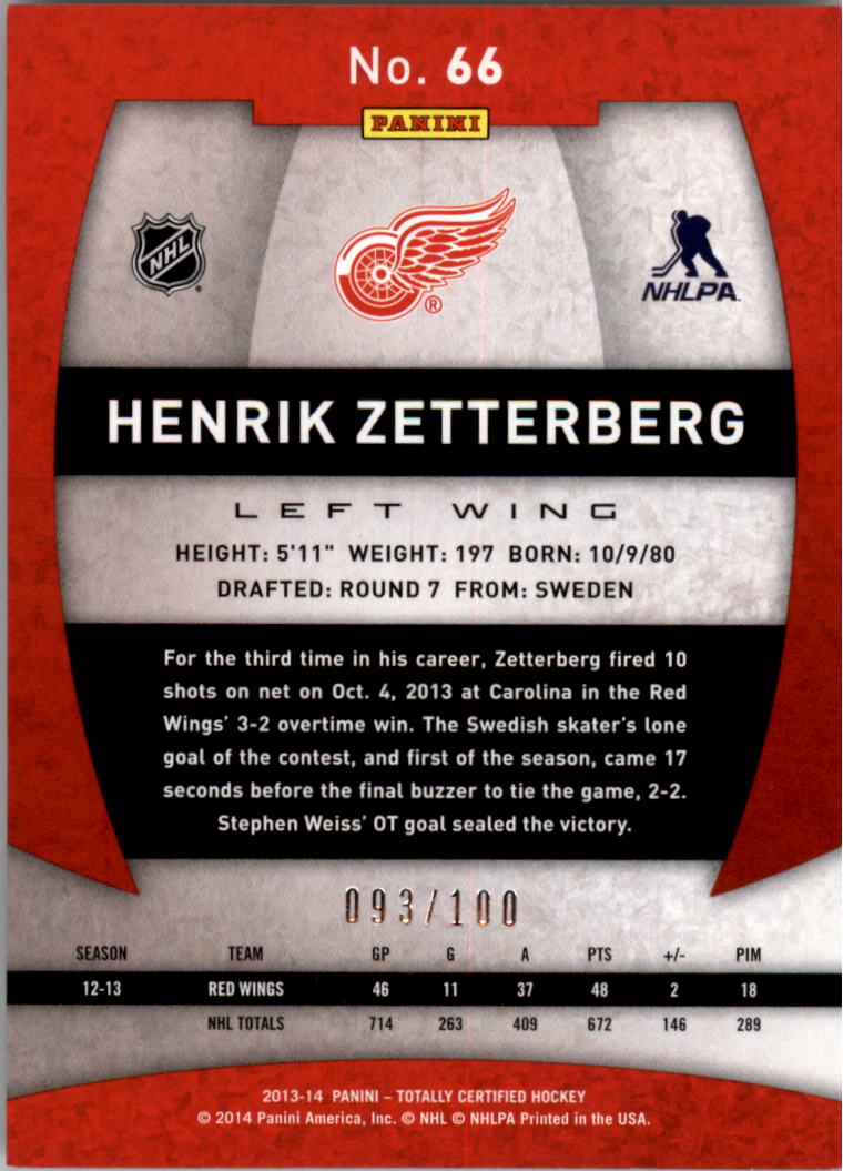 2013-14 Totally Certified Platinum Red #66 Henrik Zetterberg back image