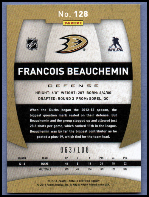 2013-14 Totally Certified Platinum Red #128 Francois Beauchemin back image