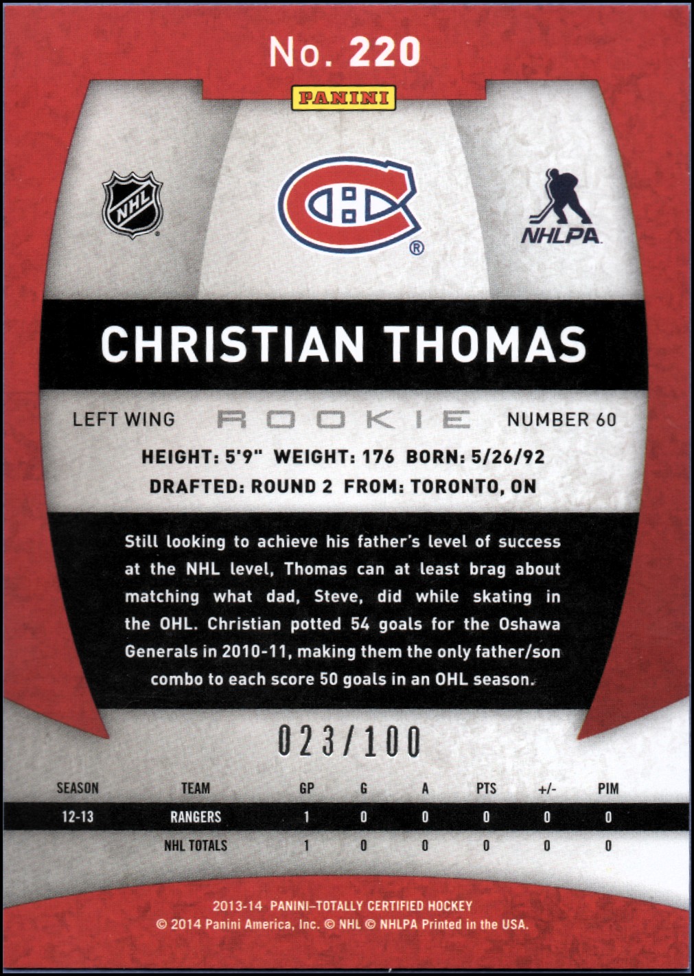 2013-14 Totally Certified Platinum Red #220 Christian Thomas back image