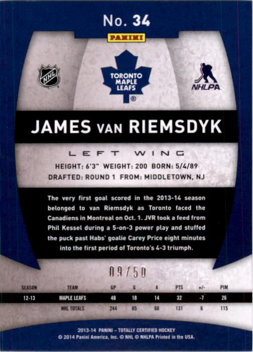 2013-14 Totally Certified Platinum Blue #34 James van Riemsdyk back image