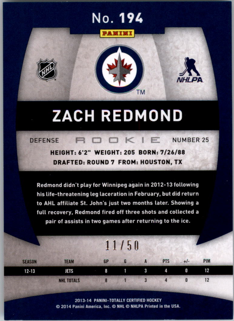 2013-14 Totally Certified Platinum Blue #194 Zach Redmond back image