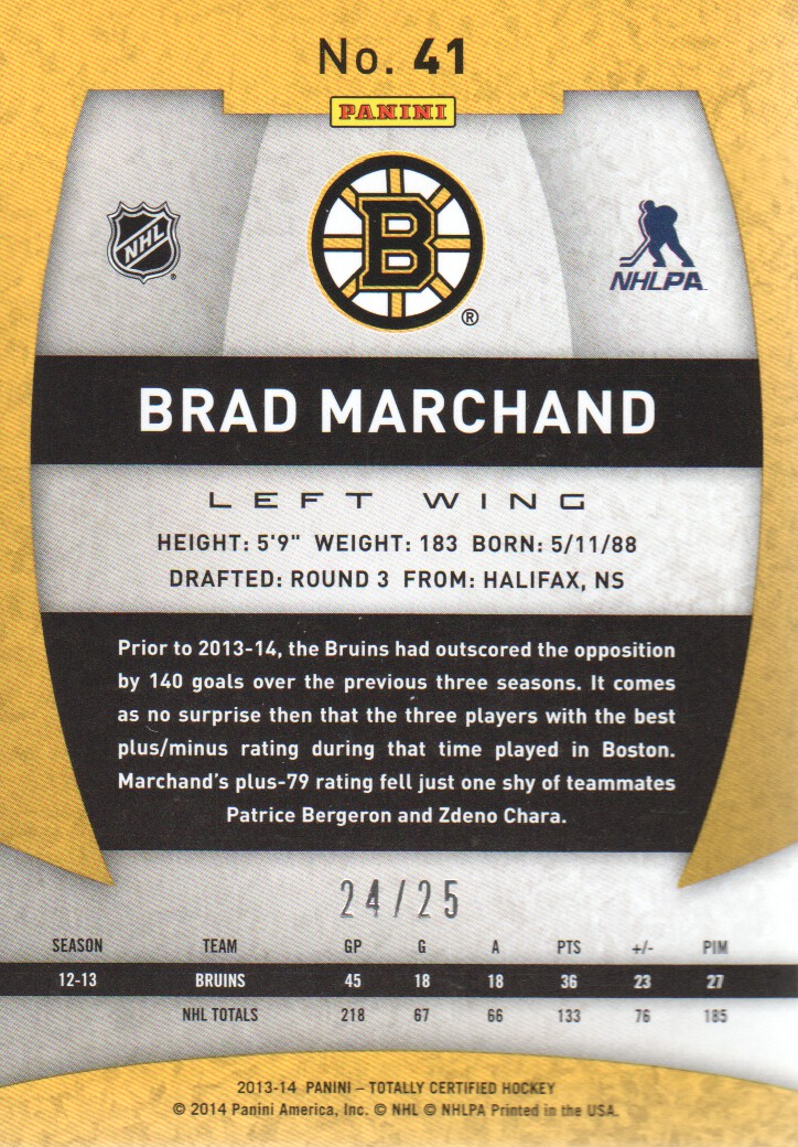 2013-14 Totally Certified Platinum Gold #41 Brad Marchand back image