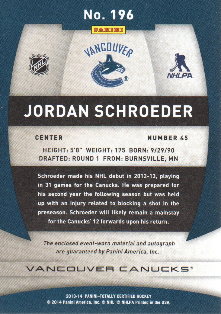 2013-14 Totally Certified Rookie Autograph Jerseys #196 Jordan Schroeder/250 back image
