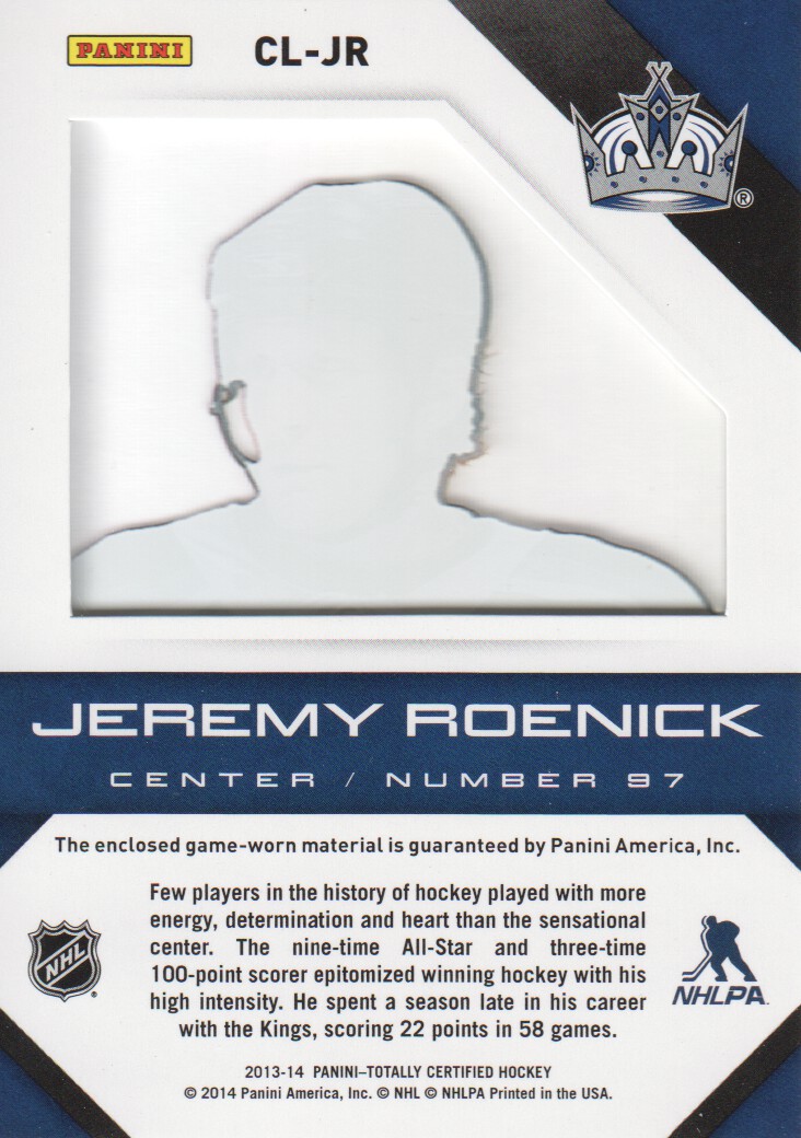 2013-14 Totally Certified Clear Cloth Jerseys Red #CLJR Jeremy Roenick/100 back image