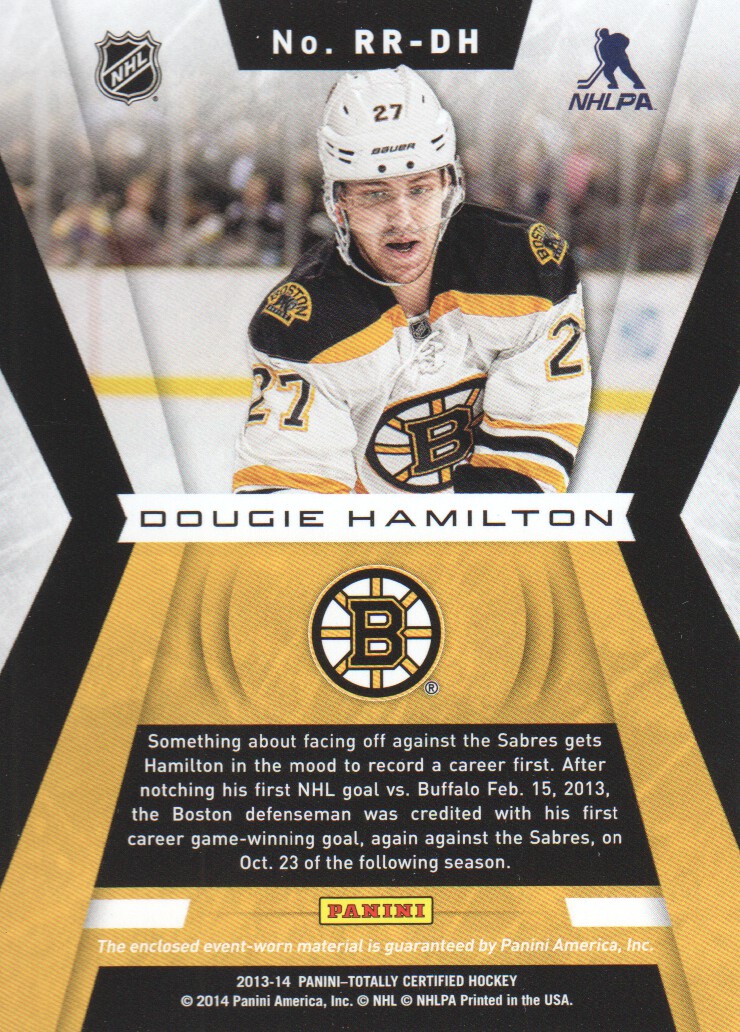 2013-14 Totally Certified Rookie Roll Call Jerseys Red #RRDH Dougie Hamilton back image