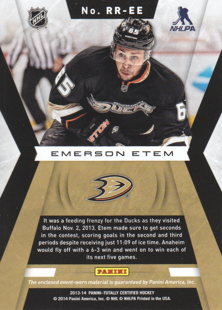 2013-14 Totally Certified Rookie Roll Call Jerseys Red #RREE Emerson Etem back image