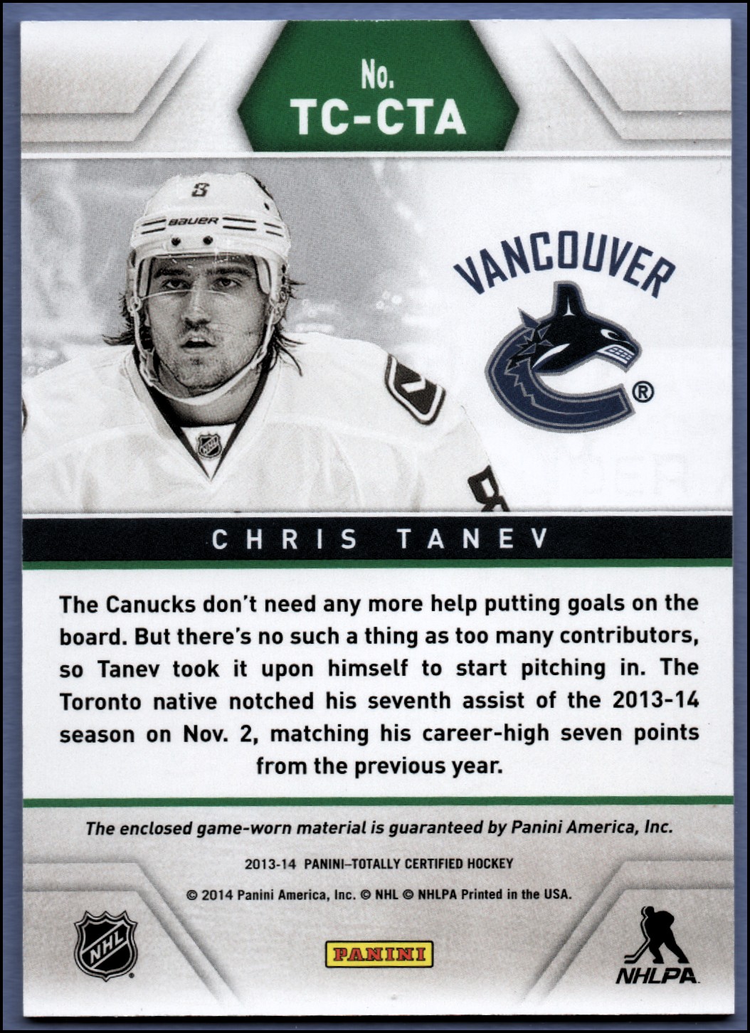 2013-14 Totally Certified Jerseys Red #TCCTA Chris Tanev back image