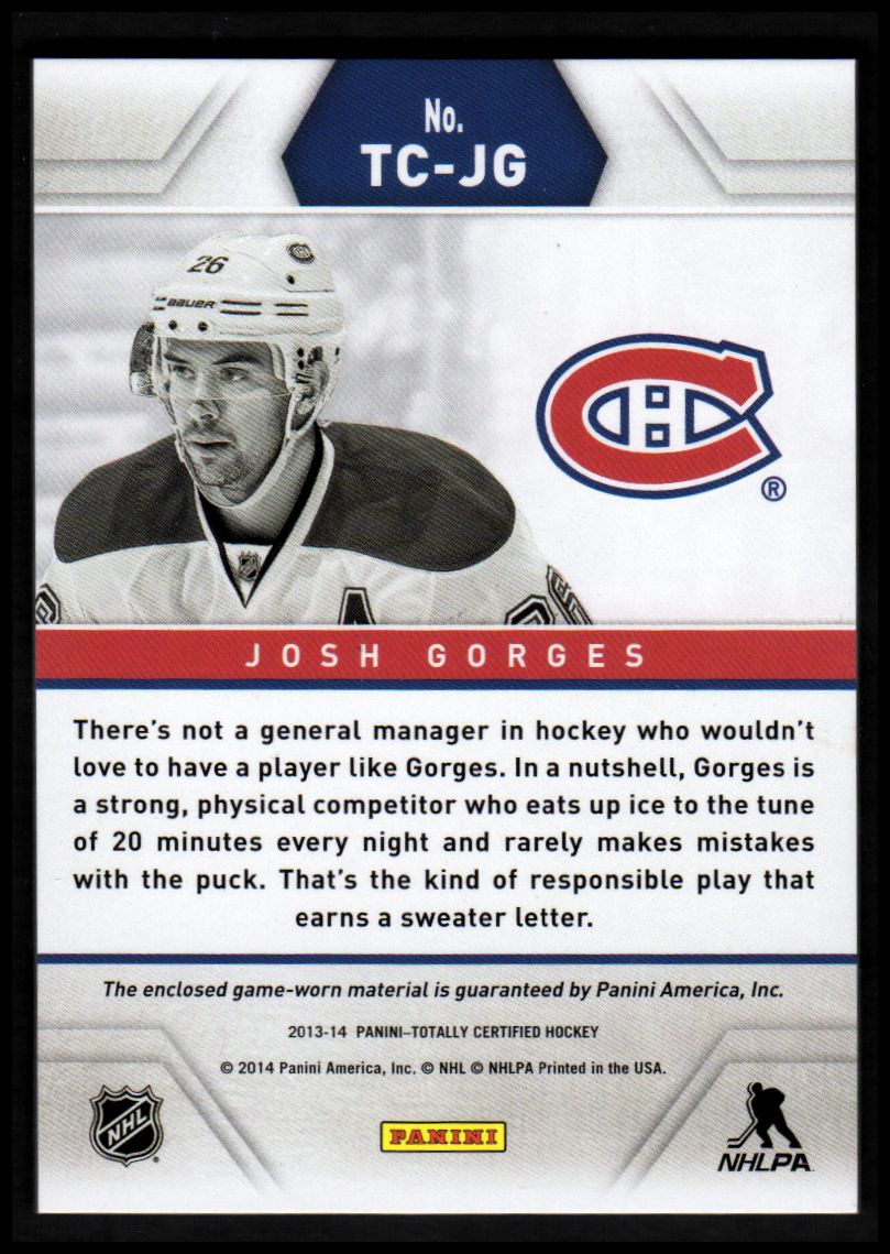 2013-14 Totally Certified Jerseys Red #TCJG Josh Gorges back image